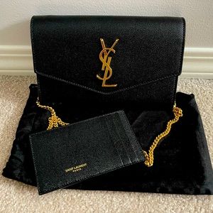 YSL Uptown Chain Wallet in Grain De Poudre Embossed Leather